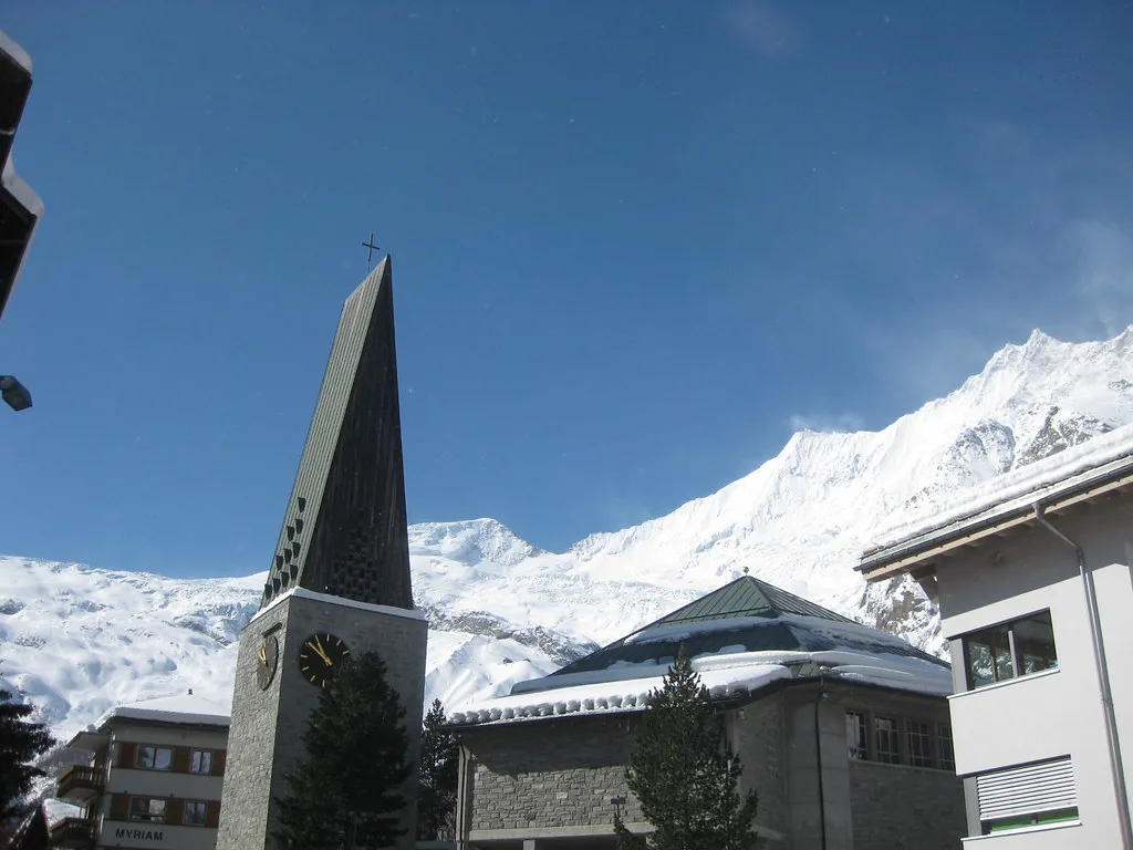 Mountain view with church, Saas-Fee