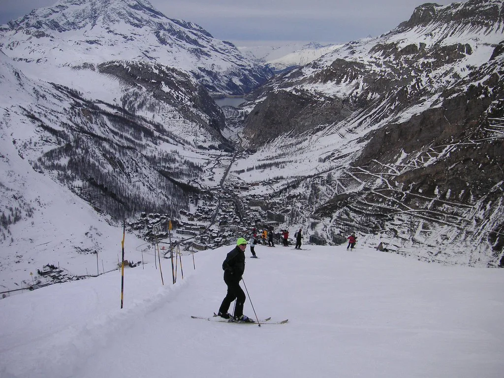 Skiing down to Val D'Isere